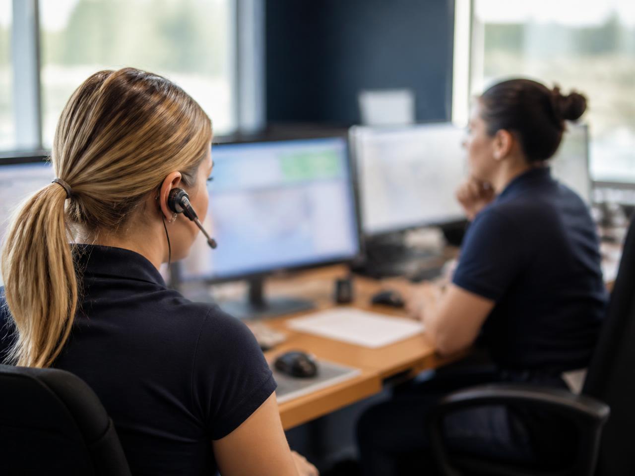 A fleet dispatcher monitoring a wall of live map and dashboard screens
