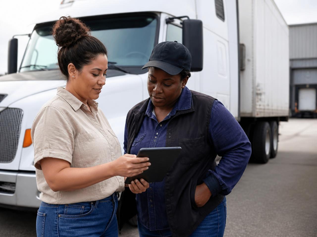 Two women professionals reviewing trip information on a tablet in front of a semi-truck at a logistics yard